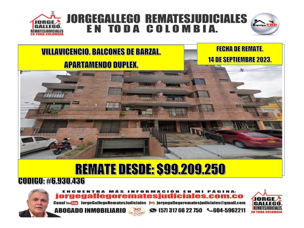 Remate. Villavicencio. Eficio Balcones del Barzal. Apto Duplex.